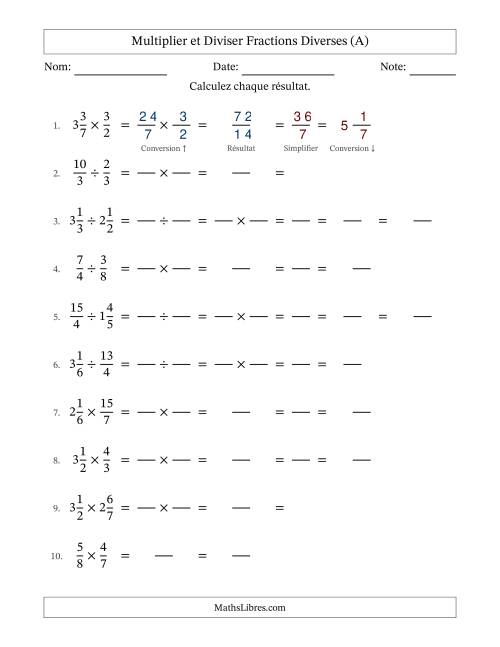 Multiplier et diviser fractions propres, impropres et mixtes, et avec simplification dans tous les problèmes (Remplissable) (Tout)