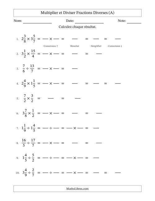 Multiplier et diviser fractions propres, impropres et mixtes, et avec simplification dans quelques problèmes (Remplissable) (A)