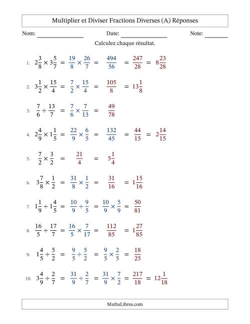 Multiplier et diviser fractions propres, impropres et mixtes, et avec simplification dans quelques problèmes (Remplissable) (A) page 2