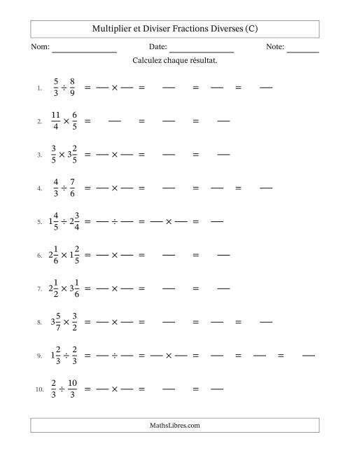 Multiplier et diviser fractions propres, impropres et mixtes, et avec simplification dans quelques problèmes (Remplissable) (C)