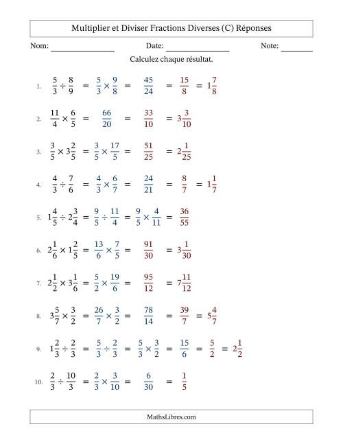 Multiplier et diviser fractions propres, impropres et mixtes, et avec simplification dans quelques problèmes (Remplissable) (C) page 2