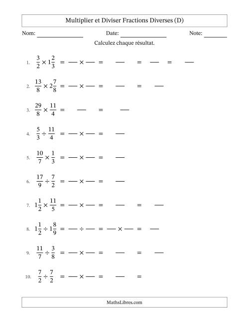 Multiplier et diviser fractions propres, impropres et mixtes, et avec simplification dans quelques problèmes (Remplissable) (D)
