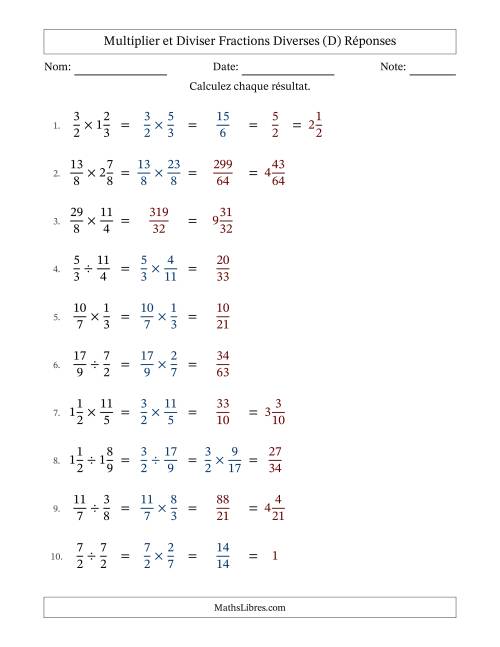 Multiplier et diviser fractions propres, impropres et mixtes, et avec simplification dans quelques problèmes (Remplissable) (D) page 2