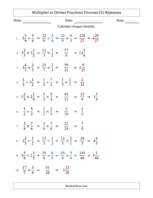 Multiplier et diviser fractions propres, impropres et mixtes, et avec simplification dans quelques problèmes (Remplissable) (E) page 2