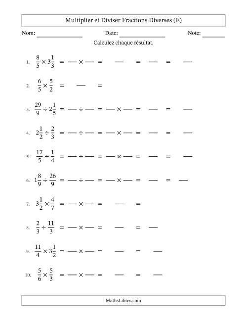 Multiplier et diviser fractions propres, impropres et mixtes, et avec simplification dans quelques problèmes (Remplissable) (F)