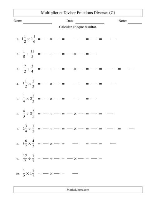 Multiplier et diviser fractions propres, impropres et mixtes, et avec simplification dans quelques problèmes (Remplissable) (G)