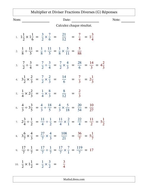 Multiplier et diviser fractions propres, impropres et mixtes, et avec simplification dans quelques problèmes (Remplissable) (G) page 2