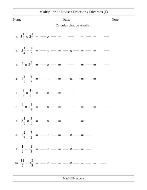 Multiplier et diviser fractions propres, impropres et mixtes, et avec simplification dans quelques problèmes (Remplissable) (I)