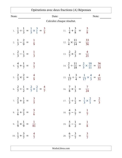 Opérations avec deux fractions propres avec dénominateurs égals, résultats sous fractions propres et sans simplification (Remplissable) (A) page 2