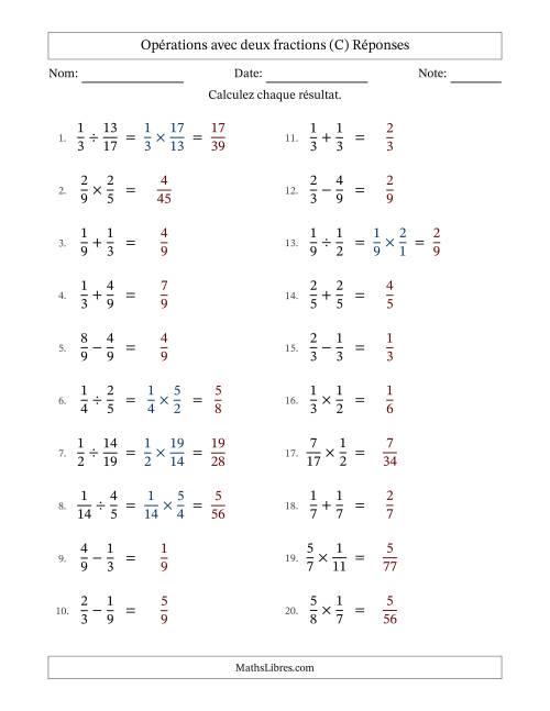 Opérations avec deux fractions propres avec dénominateurs égals, résultats sous fractions propres et sans simplification (Remplissable) (C) page 2