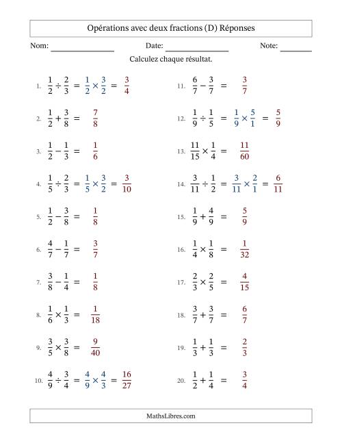 Opérations avec deux fractions propres avec dénominateurs égals, résultats sous fractions propres et sans simplification (Remplissable) (D) page 2