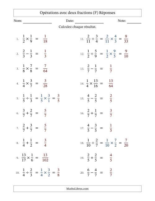 Opérations avec deux fractions propres avec dénominateurs égals, résultats sous fractions propres et sans simplification (Remplissable) (F) page 2