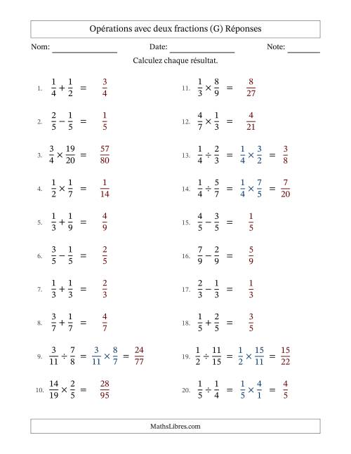 Opérations avec deux fractions propres avec dénominateurs égals, résultats sous fractions propres et sans simplification (Remplissable) (G) page 2