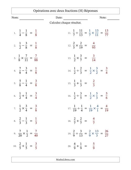 Opérations avec deux fractions propres avec dénominateurs égals, résultats sous fractions propres et sans simplification (Remplissable) (H) page 2