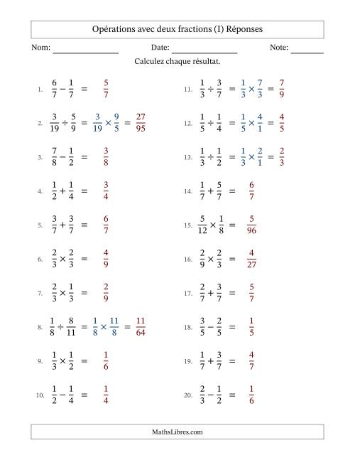 Opérations avec deux fractions propres avec dénominateurs égals, résultats sous fractions propres et sans simplification (Remplissable) (I) page 2