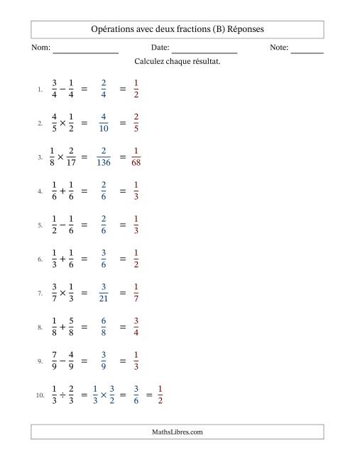 Opérations avec deux fractions propres avec dénominateurs égals, résultats sous fractions propres et simplification dans tous les problèmes (Remplissable) (B) page 2