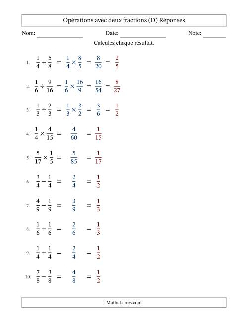 Opérations avec deux fractions propres avec dénominateurs égals, résultats sous fractions propres et simplification dans tous les problèmes (Remplissable) (D) page 2