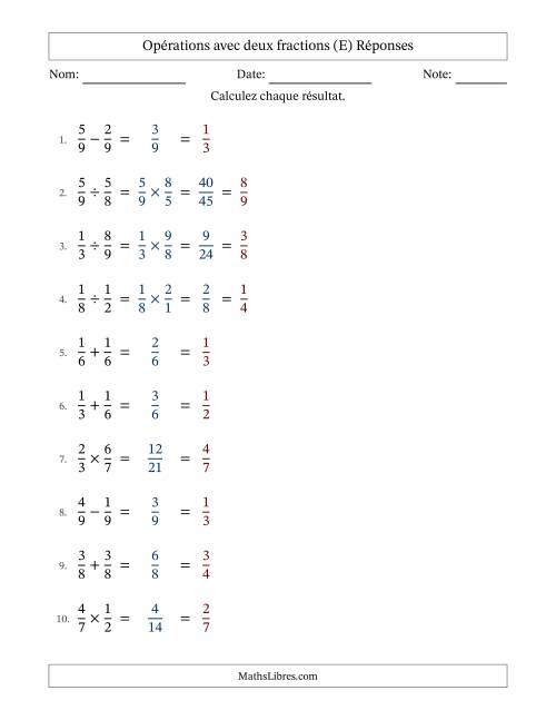 Opérations avec deux fractions propres avec dénominateurs égals, résultats sous fractions propres et simplification dans tous les problèmes (Remplissable) (E) page 2