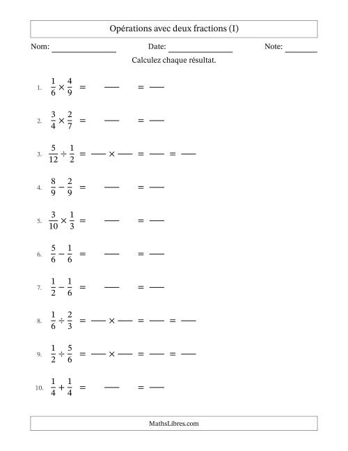 Opérations avec deux fractions propres avec dénominateurs égals, résultats sous fractions propres et simplification dans tous les problèmes (Remplissable) (I)