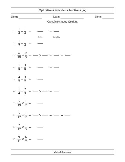 Opérations avec deux fractions propres avec dénominateurs égals, résultats sous fractions propres et quelque simplification (Remplissable) (A)