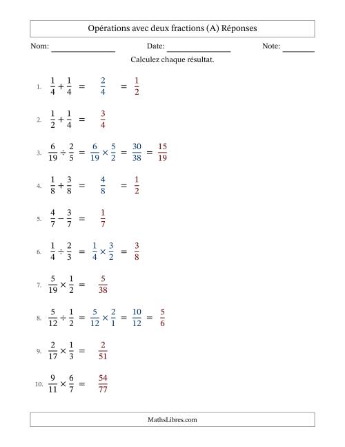 Opérations avec deux fractions propres avec dénominateurs égals, résultats sous fractions propres et quelque simplification (Remplissable) (A) page 2