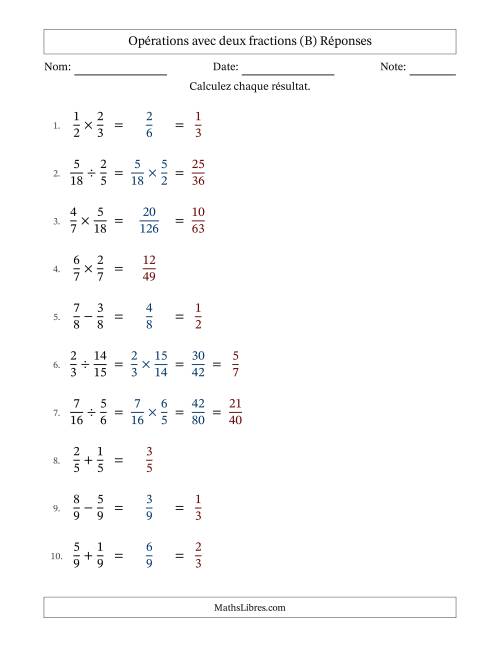 Opérations avec deux fractions propres avec dénominateurs égals, résultats sous fractions propres et quelque simplification (Remplissable) (B) page 2