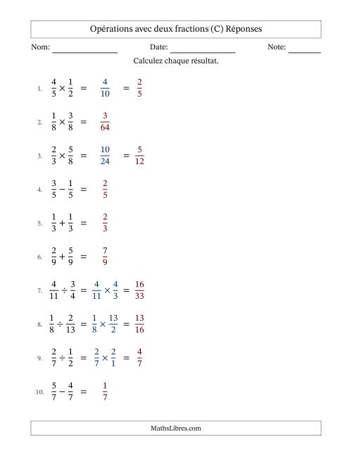 Opérations avec deux fractions propres avec dénominateurs égals, résultats sous fractions propres et quelque simplification (Remplissable) (C) page 2