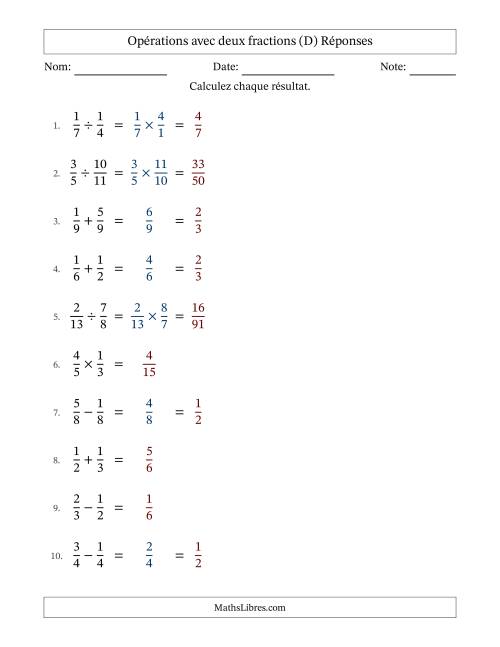Opérations avec deux fractions propres avec dénominateurs égals, résultats sous fractions propres et quelque simplification (Remplissable) (D) page 2