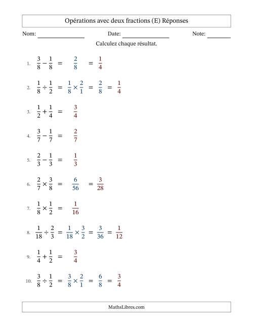 Opérations avec deux fractions propres avec dénominateurs égals, résultats sous fractions propres et quelque simplification (Remplissable) (E) page 2