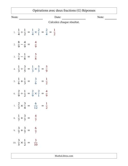 Opérations avec deux fractions propres avec dénominateurs égals, résultats sous fractions propres et quelque simplification (Remplissable) (G) page 2