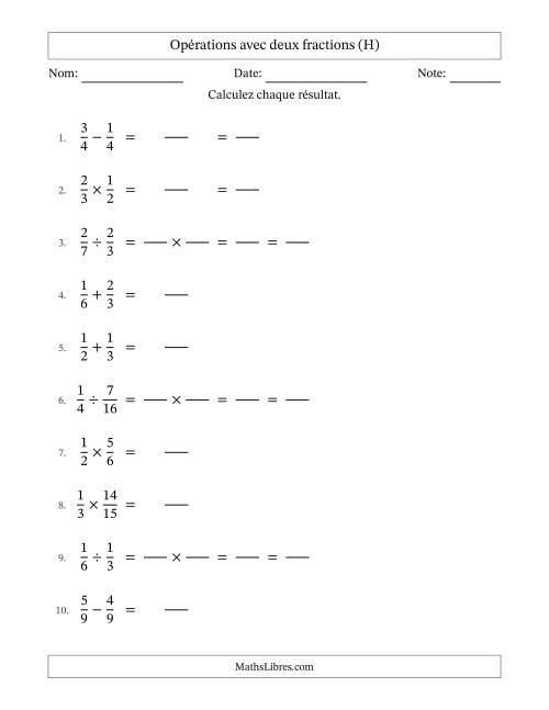 Opérations avec deux fractions propres avec dénominateurs égals, résultats sous fractions propres et quelque simplification (Remplissable) (H)