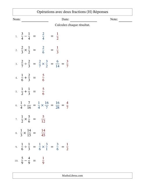 Opérations avec deux fractions propres avec dénominateurs égals, résultats sous fractions propres et quelque simplification (Remplissable) (H) page 2