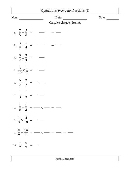 Opérations avec deux fractions propres avec dénominateurs égals, résultats sous fractions propres et quelque simplification (Remplissable) (I)