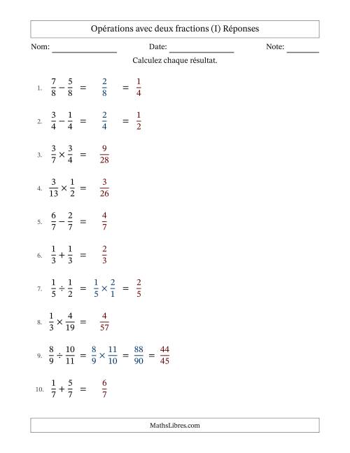Opérations avec deux fractions propres avec dénominateurs égals, résultats sous fractions propres et quelque simplification (Remplissable) (I) page 2