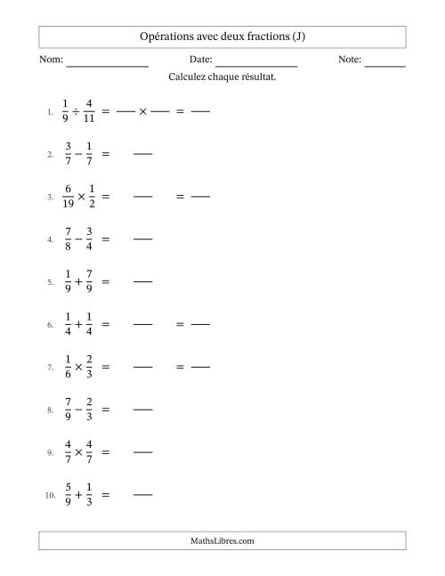 Opérations avec deux fractions propres avec dénominateurs égals, résultats sous fractions propres et quelque simplification (Remplissable) (J)