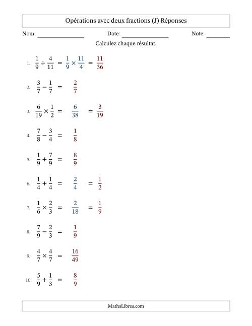 Opérations avec deux fractions propres avec dénominateurs égals, résultats sous fractions propres et quelque simplification (Remplissable) (J) page 2