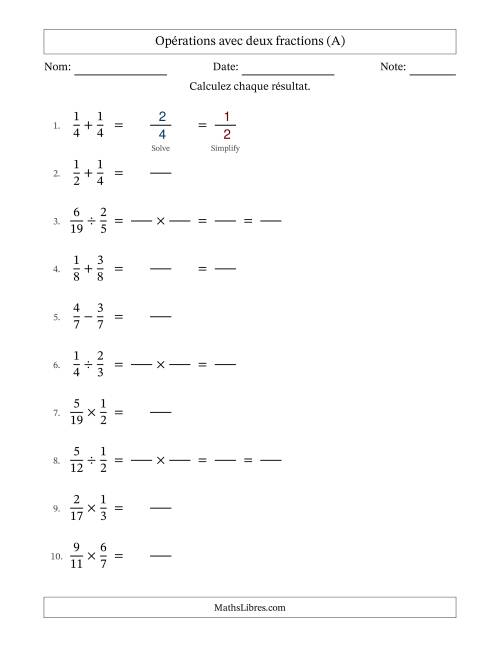 Opérations avec deux fractions propres avec dénominateurs égals, résultats sous fractions propres et quelque simplification (Remplissable) (Tout)