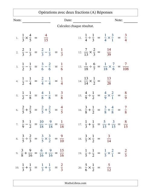 Opérations avec deux fractions propres avec dénominateurs similaires, résultats sous fractions propres et sans simplification (Remplissable) (A) page 2