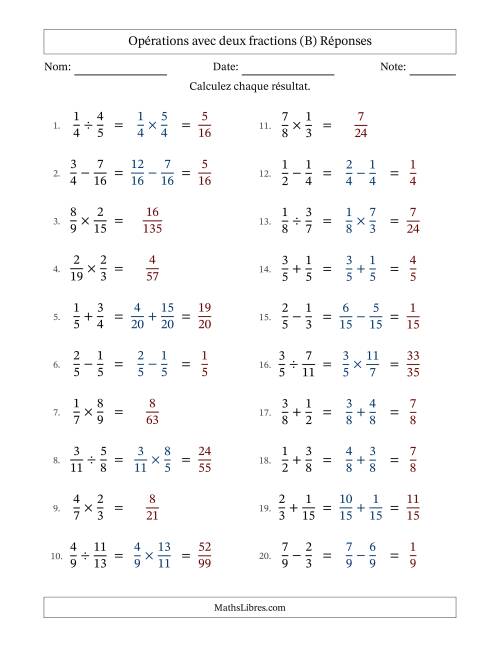 Opérations avec deux fractions propres avec dénominateurs similaires, résultats sous fractions propres et sans simplification (Remplissable) (B) page 2