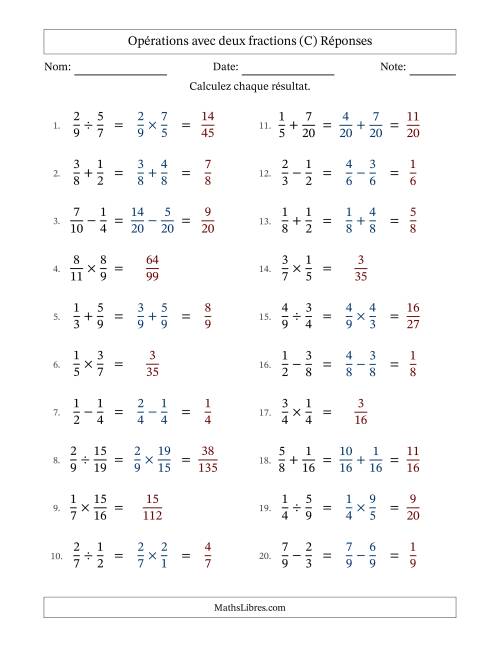 Opérations avec deux fractions propres avec dénominateurs similaires, résultats sous fractions propres et sans simplification (Remplissable) (C) page 2
