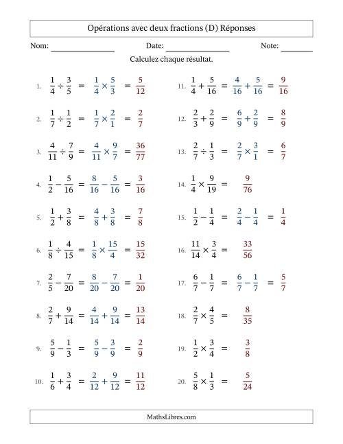 Opérations avec deux fractions propres avec dénominateurs similaires, résultats sous fractions propres et sans simplification (Remplissable) (D) page 2
