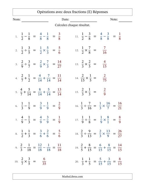 Opérations avec deux fractions propres avec dénominateurs similaires, résultats sous fractions propres et sans simplification (Remplissable) (E) page 2
