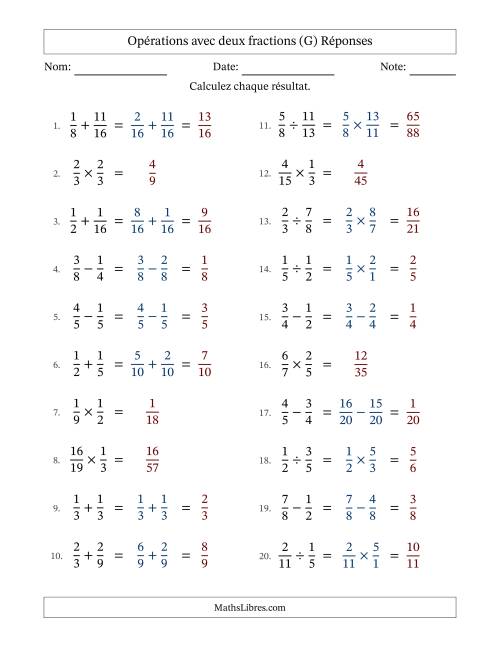 Opérations avec deux fractions propres avec dénominateurs similaires, résultats sous fractions propres et sans simplification (Remplissable) (G) page 2