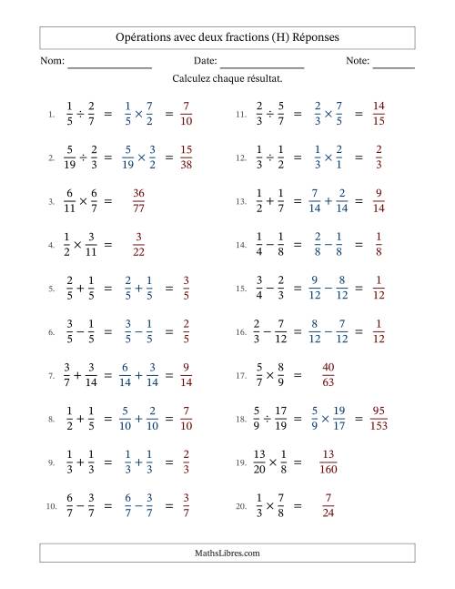 Opérations avec deux fractions propres avec dénominateurs similaires, résultats sous fractions propres et sans simplification (Remplissable) (H) page 2