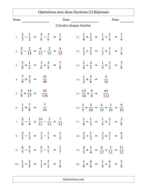 Opérations avec deux fractions propres avec dénominateurs similaires, résultats sous fractions propres et sans simplification (Remplissable) (J) page 2