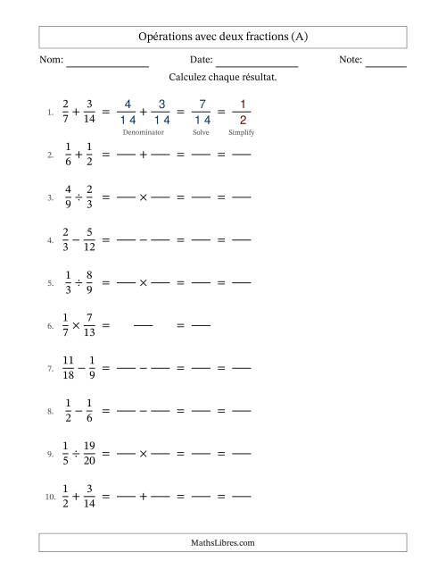 Opérations avec deux fractions propres avec dénominateurs similaires, résultats sous fractions propres et simplification dans tous les problèmes (Remplissable) (Tout)