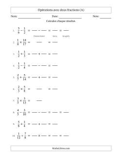 Opérations avec deux fractions propres avec dénominateurs similaires, résultats sous fractions propres et quelque simplification (Remplissable)