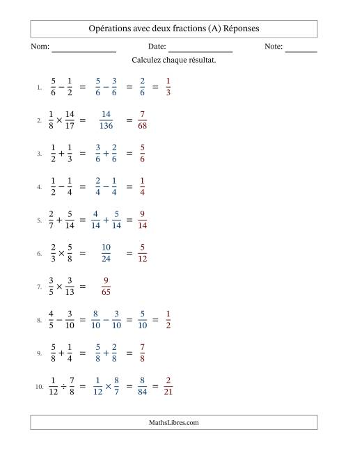 Opérations avec deux fractions propres avec dénominateurs similaires, résultats sous fractions propres et quelque simplification (Remplissable) (A) page 2