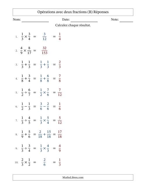 Opérations avec deux fractions propres avec dénominateurs similaires, résultats sous fractions propres et quelque simplification (Remplissable) (B) page 2