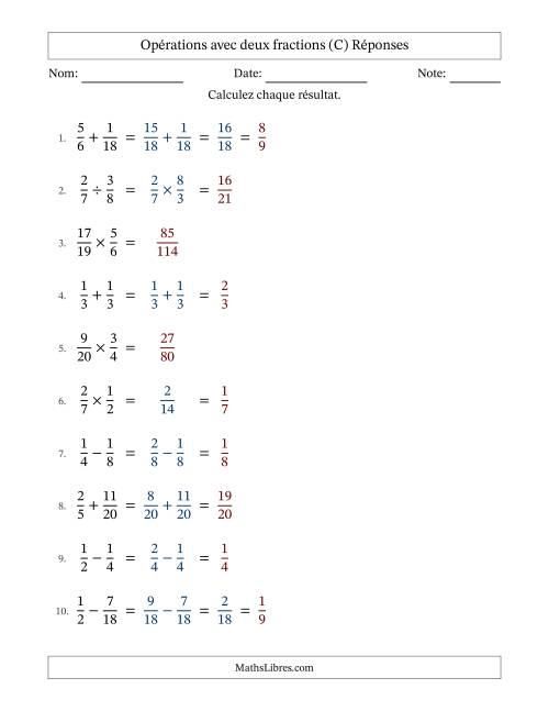 Opérations avec deux fractions propres avec dénominateurs similaires, résultats sous fractions propres et quelque simplification (Remplissable) (C) page 2